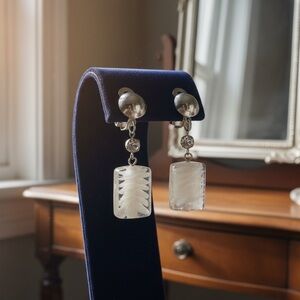Vintage Silver and White Glass Drop Clip Earrings- Elegant Women's Jewelry fairy
